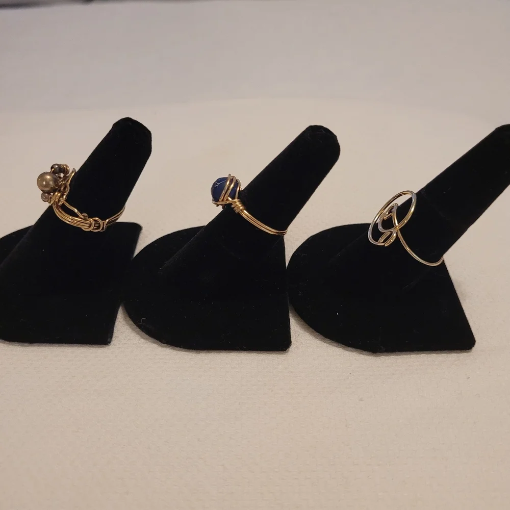 Set Of 3 Delicate Wrapped Wire Rings With Faux Pearl & Stone, Mixed Sizes 6-9